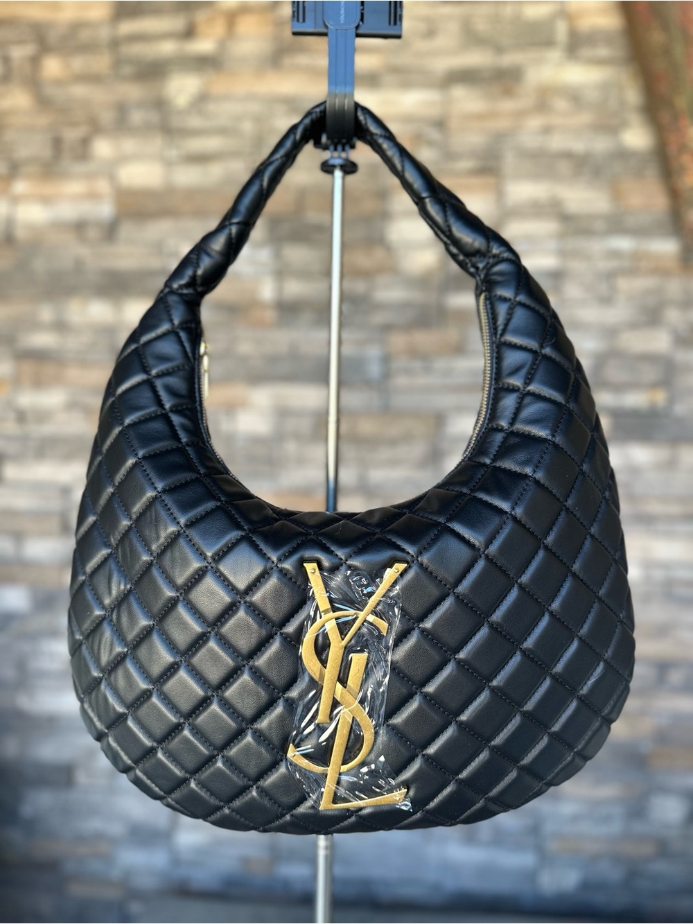 Black Quilted Hobo Shoulder Bag in PU Leather with Gold Y Copy Hardware